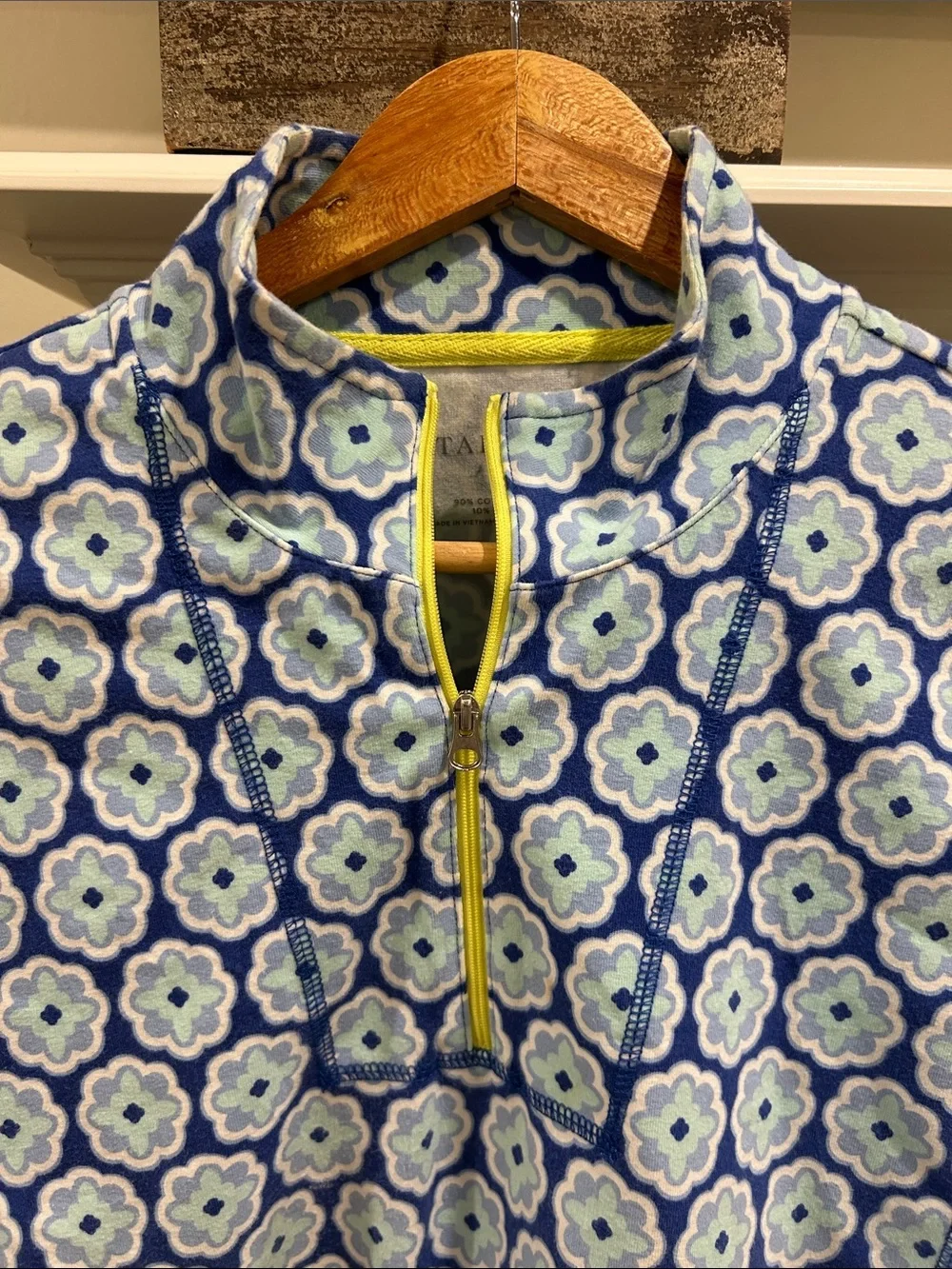 Talbots Blue Floral Quarter-Zip Polo with Yellow Trim - Picture 3 of 4